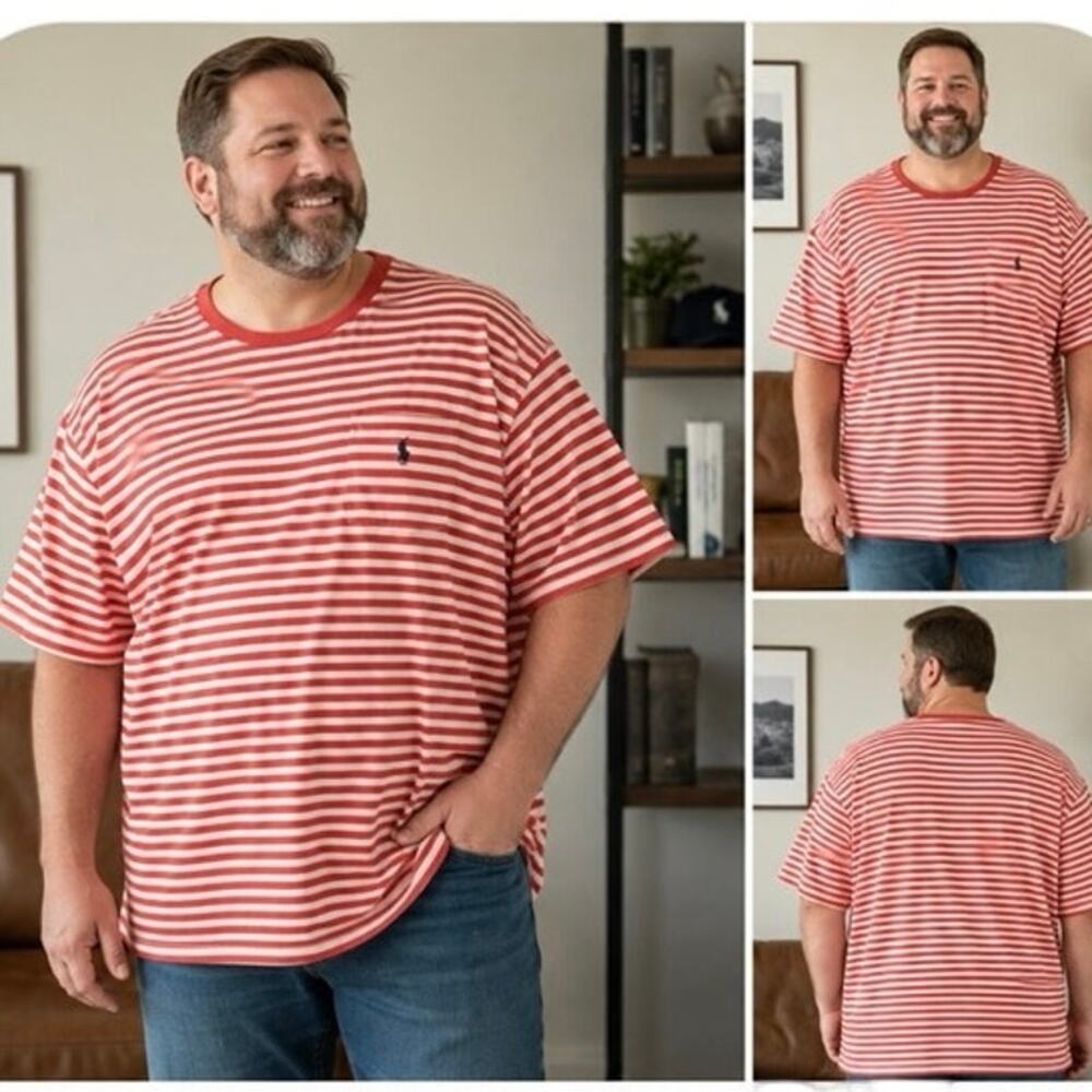 POLO RALPH LAUREN MEN'S BIG & TALL 4XLT
RED & WHITE STRIPED POCKET T-SHIRT